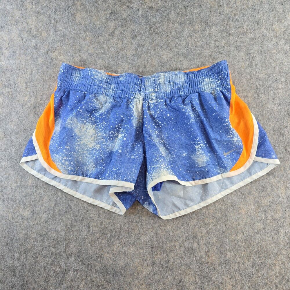 Nike Size L Women's Dri-FIT 3" Running Shorts Blue Splatter Galaxy Orange Lined